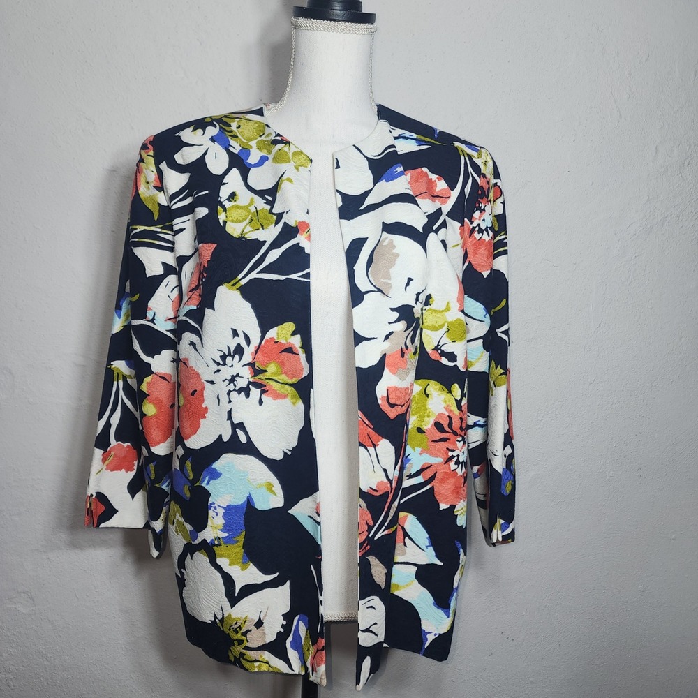 Alfred Dunner Blazer Jacket 8 Navy Blue Floral Cotton Open Front 3/4 Sleeve Bold
